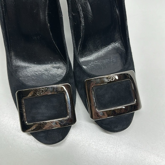 Roger Vivier High Heel Shoes Suede Pumps Round Toe Square Logo Black Size 36.5 - Picture 4 of 13